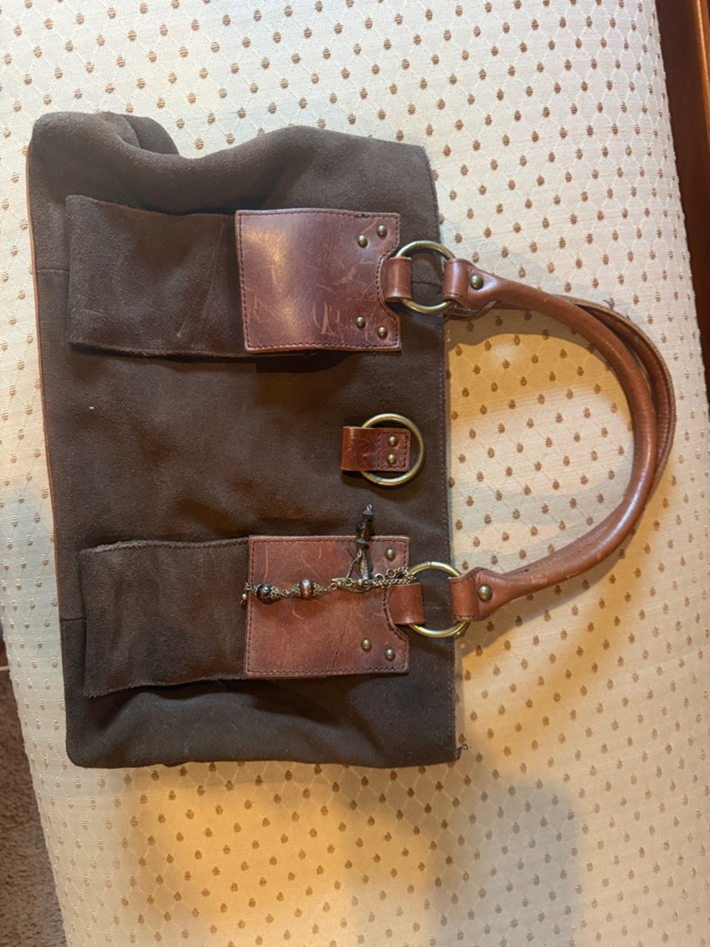 Sundance Brown Suede & Leather Satchel with Brass Accents Vintage